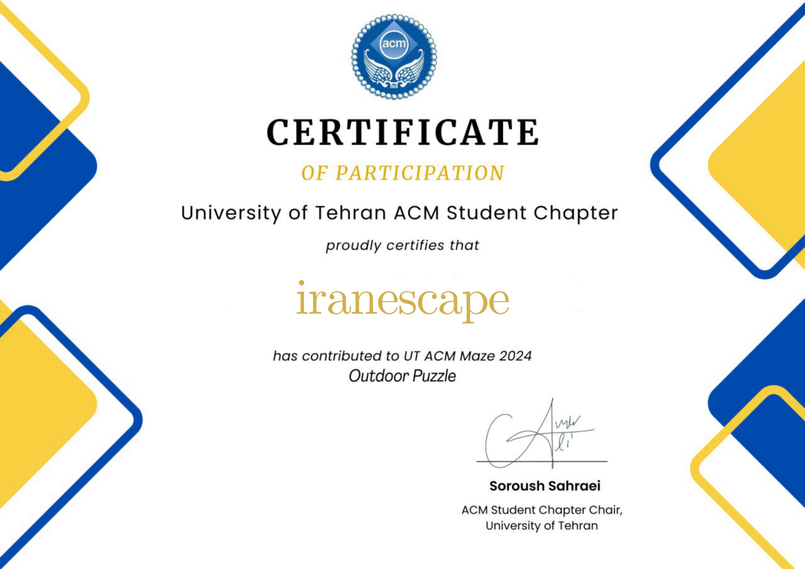 University of Tehran Certificate